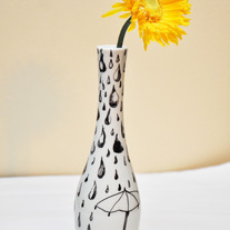  Hand Painted Off-White Porcelain Vintage Vase, Rain Drops & Umbrella Illustration