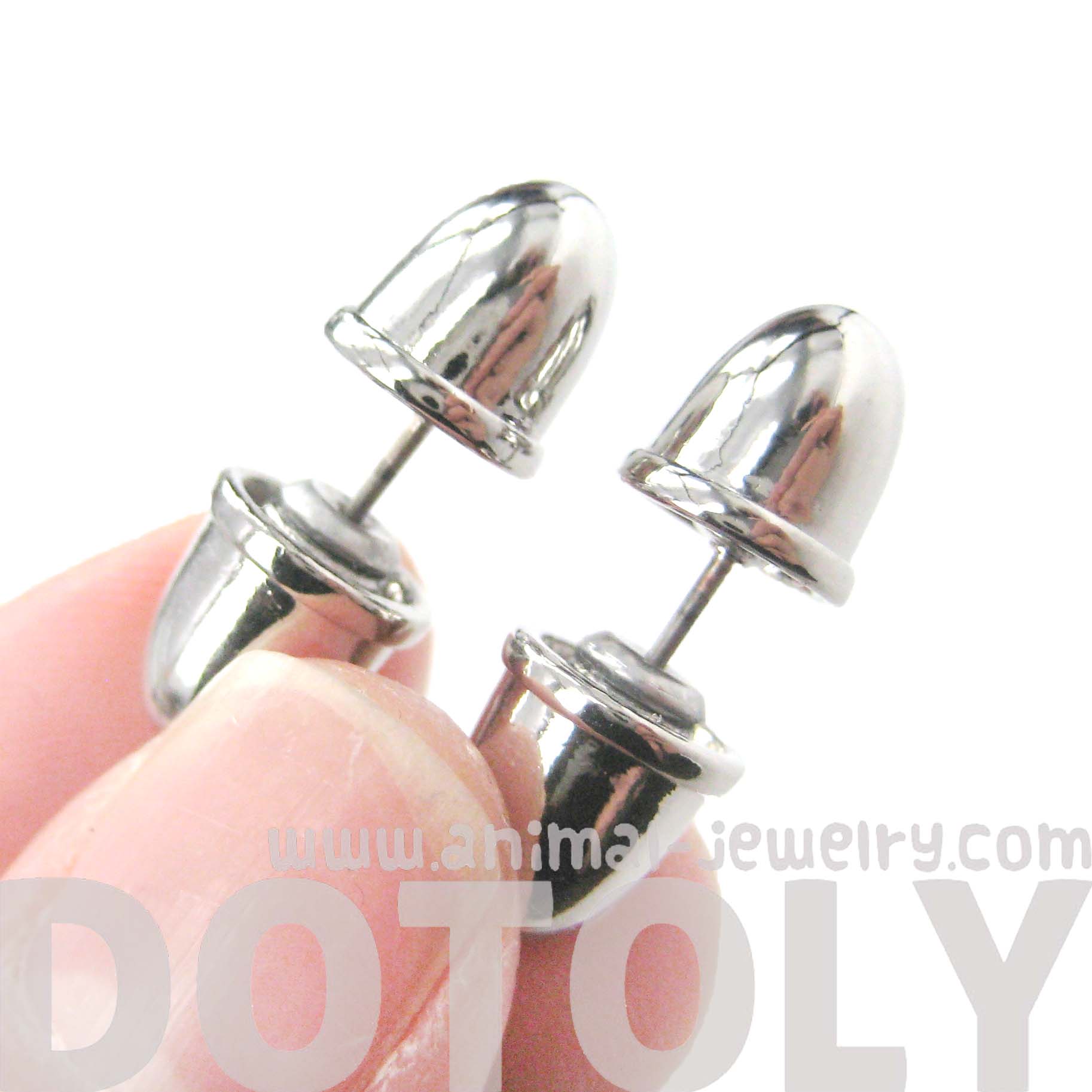 Bullet Shaped Faux Plug Fake Gauge Stud Earrings in Shiny Silver