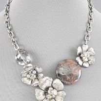 Leopardskin Rhyolite Cherry Blossom Flower Link Crystal & Silver Necklace