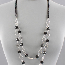 Long Black Beaded Layer Link Silver Necklace 30" & FREE Earrings