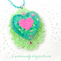 Green and pink heart resin necklace 