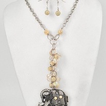 Burnished Silver & Gemstone Elephant Charm Necklace & Earrings