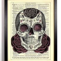 Image of Sugar Skull Day of the Dead, Vintage Dictionary 8 x 10