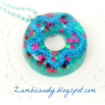 Blue and pink sparkly resin donut necklace