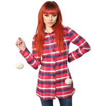 STELLAR STARR PLAID STRIP POM POM COAT WITH HOOD