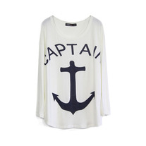 White Anchor Print Loose T-shirt