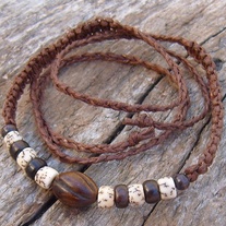 Brown Macrame Choker with Wood and Horn Beads
