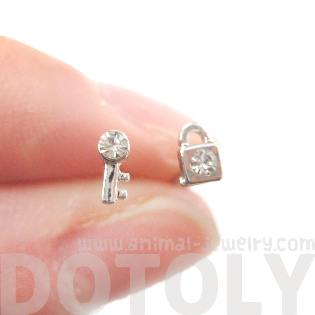 Super Tiny Lock and Key Shaped Rhinestones Stud Earrings in Silver