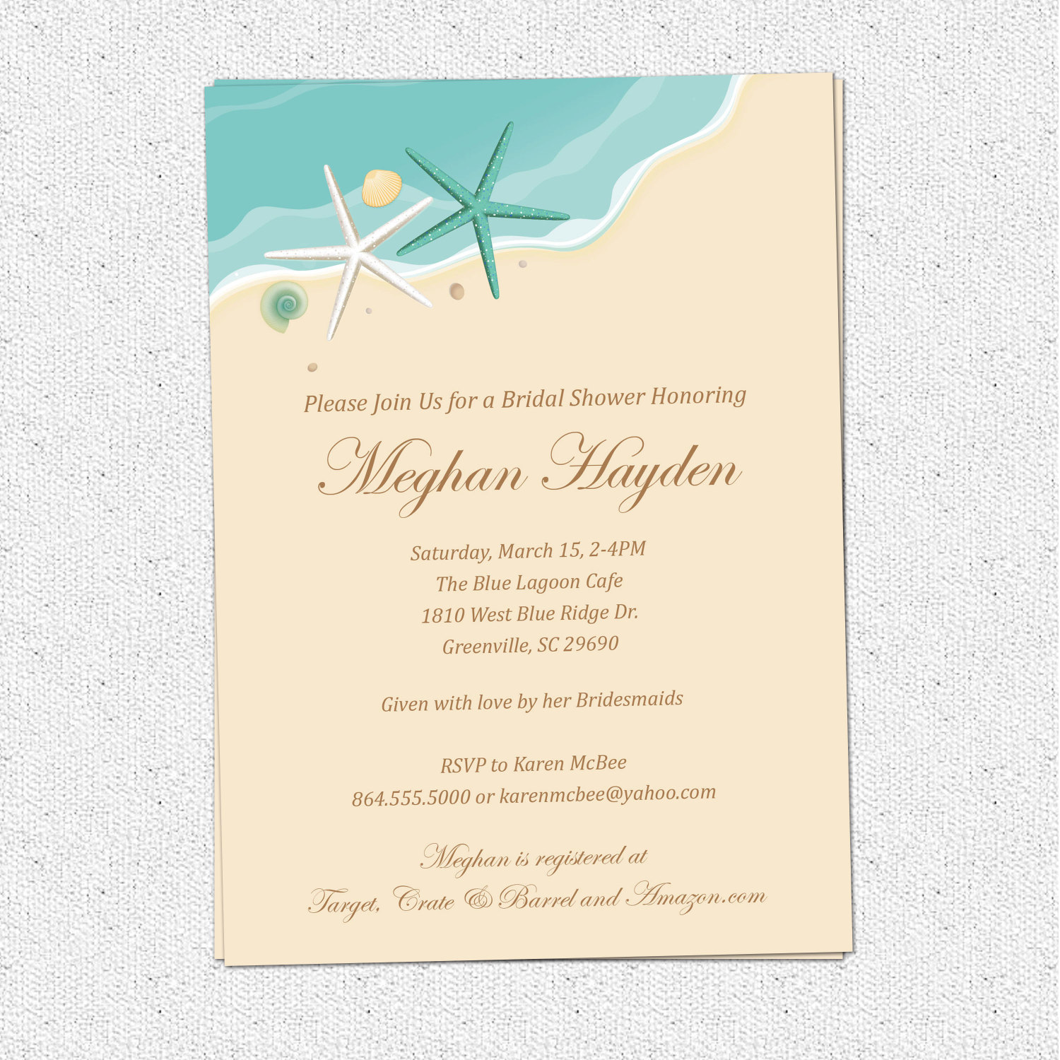 Beach Invitations Bridal Shower Birthday Sand Sea Surf Starfish