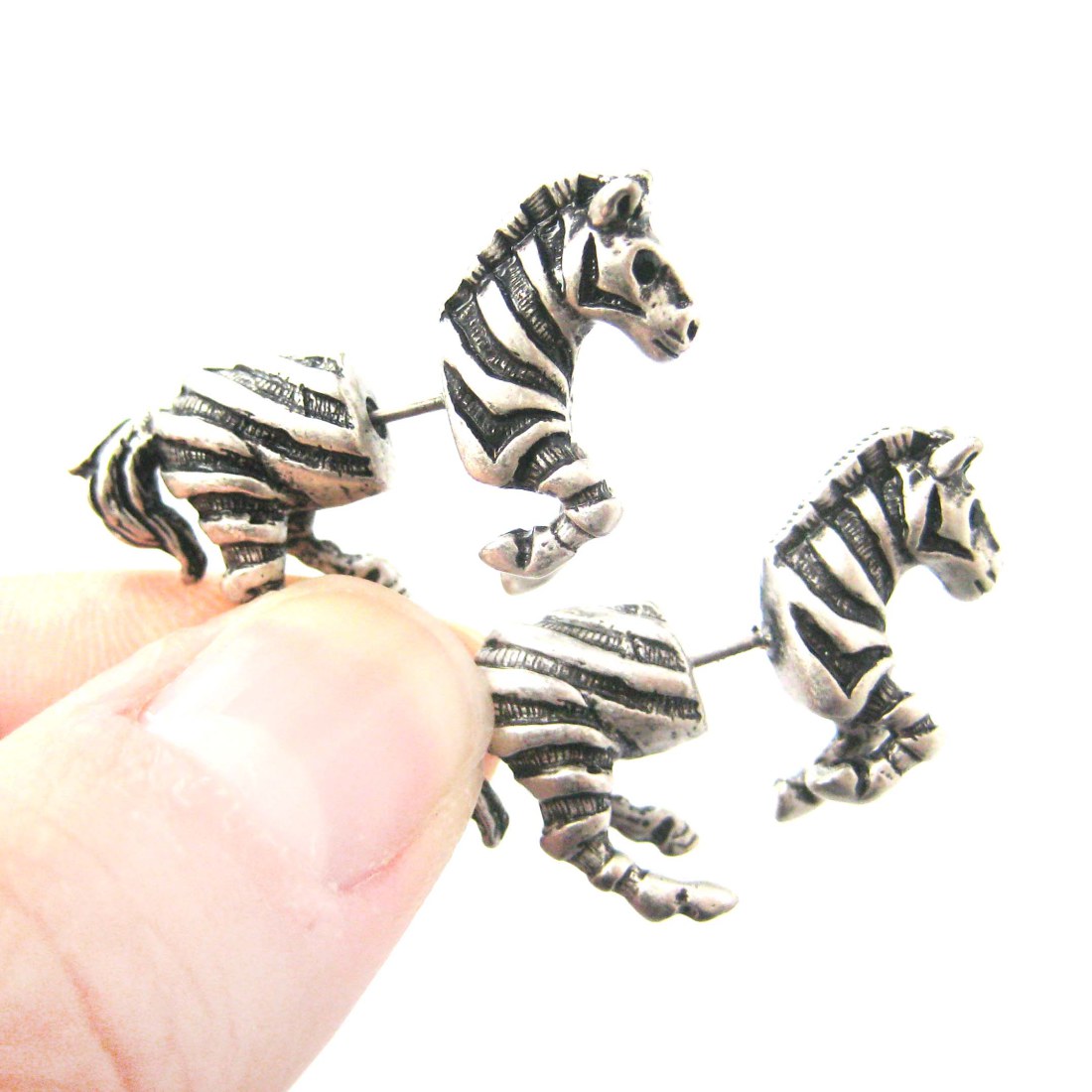 3D Fake Gauge Realistic Zebra Shaped Animal Stud Earrings in Silver