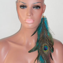 SALE...Single Feather Earring Turquoise Feathers w/ Peacock Feather