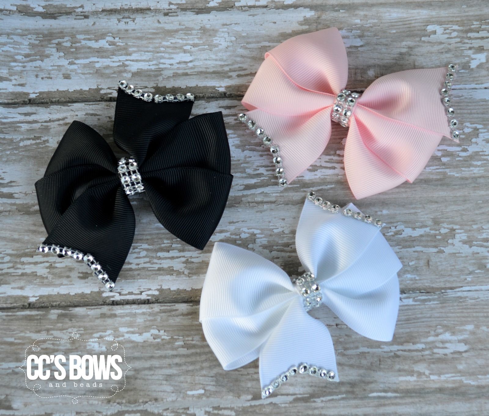 Girls PINWHEEL Boutique Hair Bows Clips Set 3 Rhinestones Bling Black