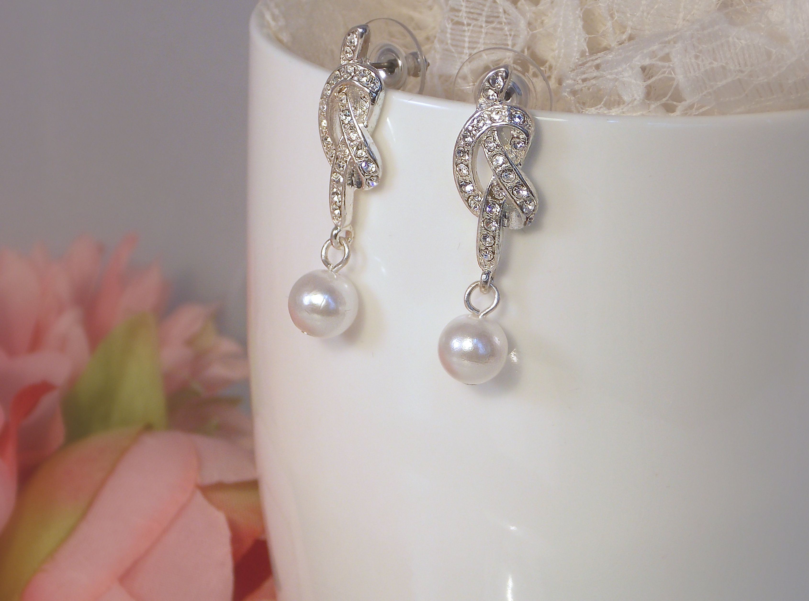 Love Knot Bride Earrings in Silver White Pearl and Clear Rhinestone