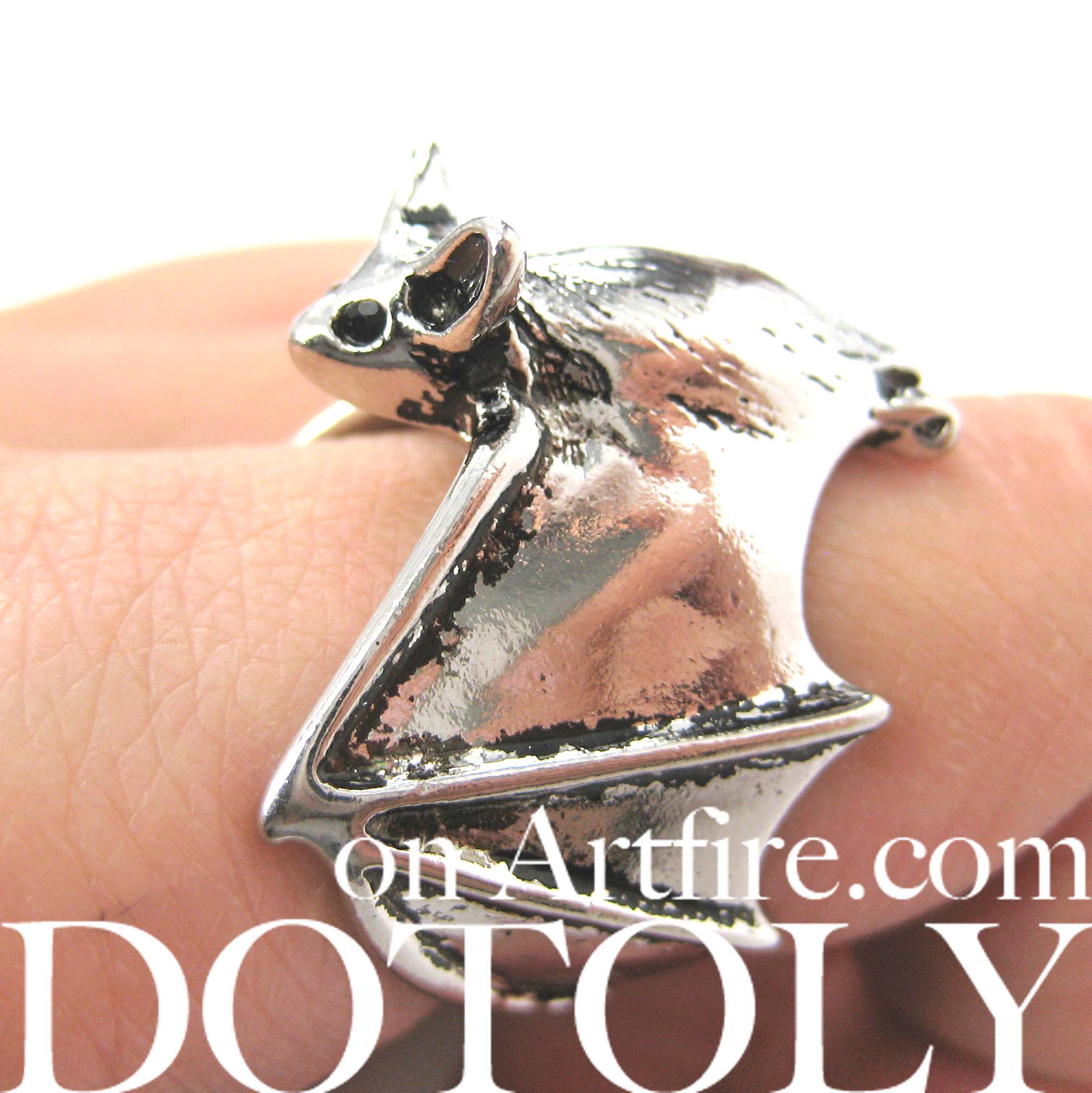 3D Bat Wings Wrap Around Animal Ring in SHINY silver Sizes 5 to 9