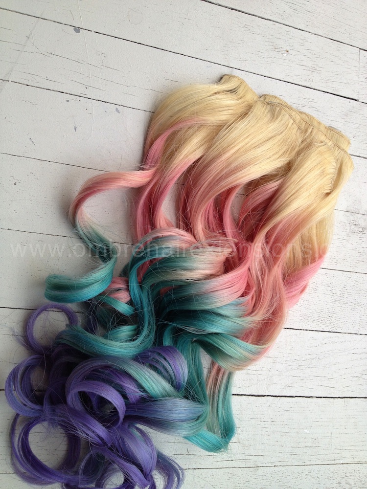 Pastel Tie Dye Hair Extensions//Blonde hair dipped in Blue,Pink and