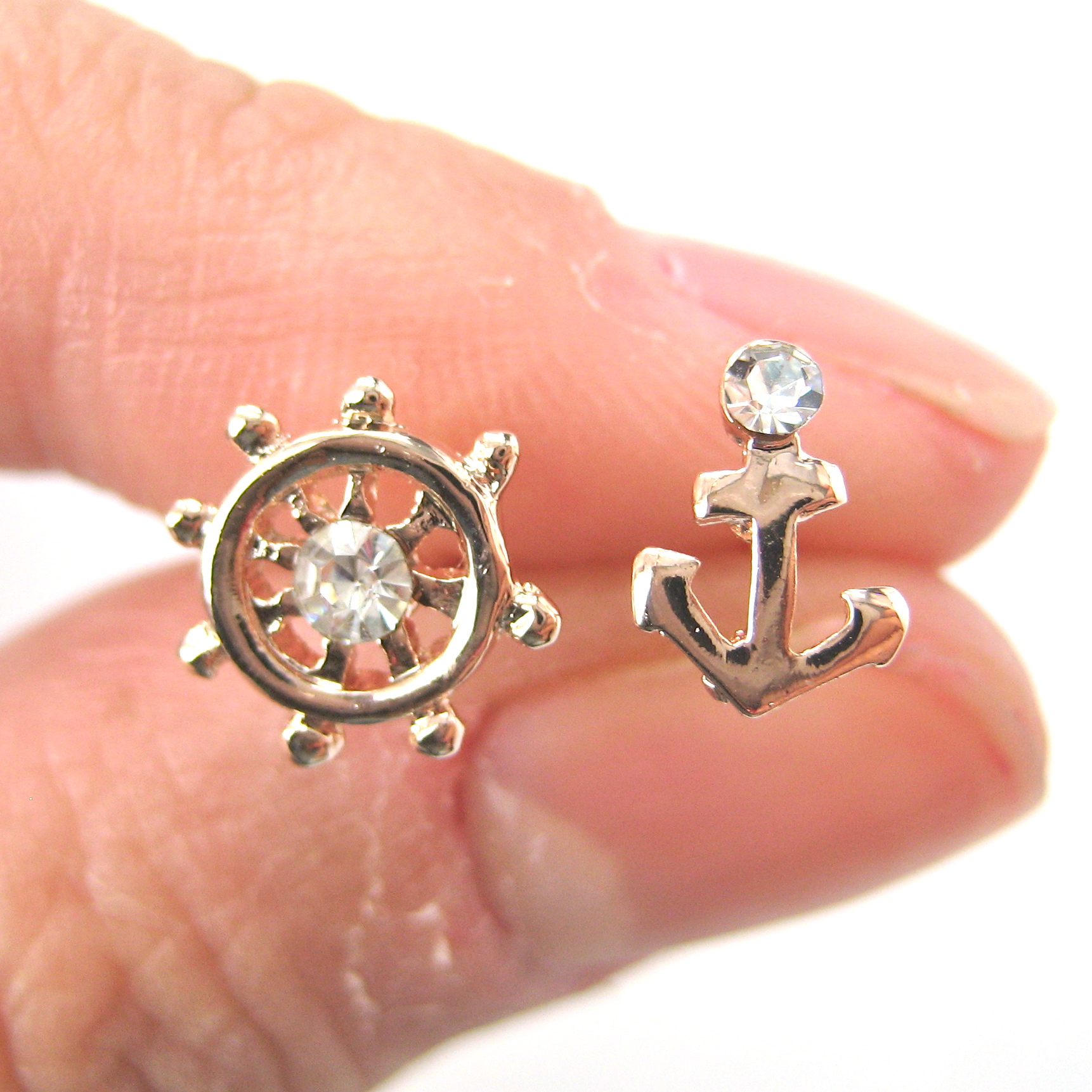 Small Anchor and Wheel Nautical Stud Earrings in Light Gold · DOTOLY
