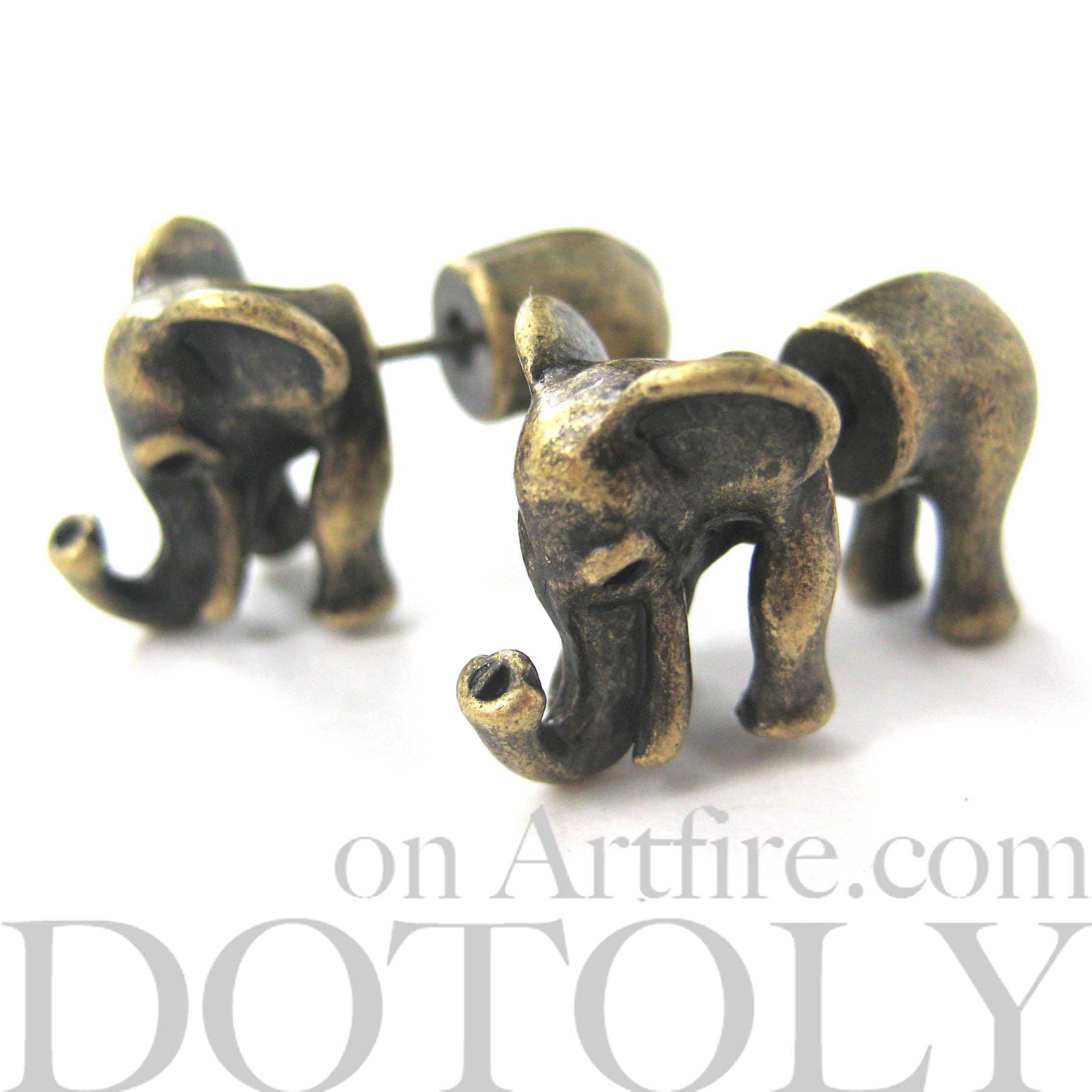Unique 3D Fake Gauge Elephant Animal Stud Earrings in Bronze · DOTOLY