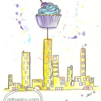 8x10 Matte Print, "Sweet Cityscape" Ink Watercolor Illustration
