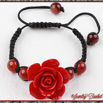 Carved Red VALENTINE ROSE & CARNELIAN Macrame Shamballa Adjustable Drawstring Bracelet