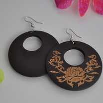 Brown wooden rose carving circle hook earring