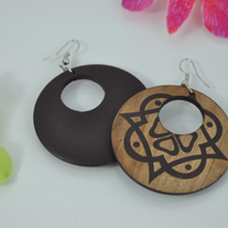 Brown wooden abstract flower painted circle hook earring