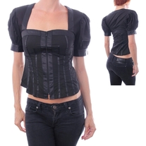 In S, L, & XL - Black Sweetheart Neck Corset Blouse Rockabilly Top Puff Sleeve Shirt