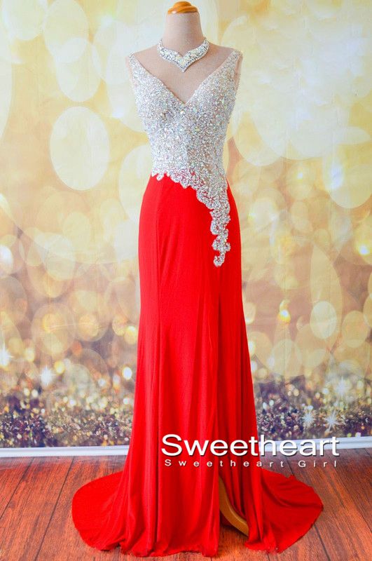 Sweetheart Girl Amazing Red V neckline Chiffon Long Prom Dresses