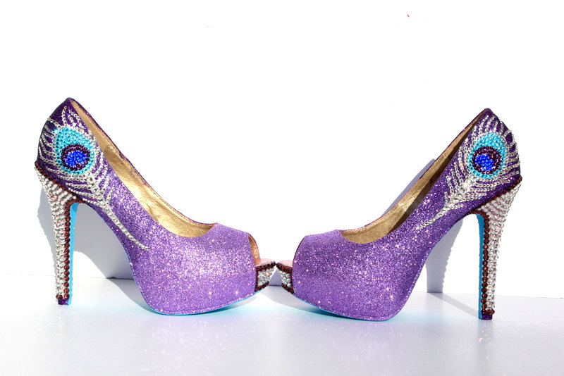 Peacock Heels with Swarovski Crystal Feather in Purple Glitter with Aqua Soles on Storenvy