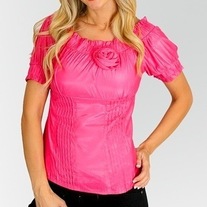  In S M & L - Hot Pink Rose Pleated Blouse Silky Cotton Puff Sleeve Top