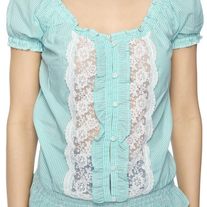 In M & L - mint green white lace stripe puff sleeve blouse top