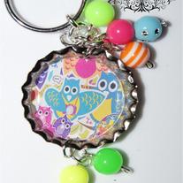 Multi-Colored Owls Bottle Cap Keychain