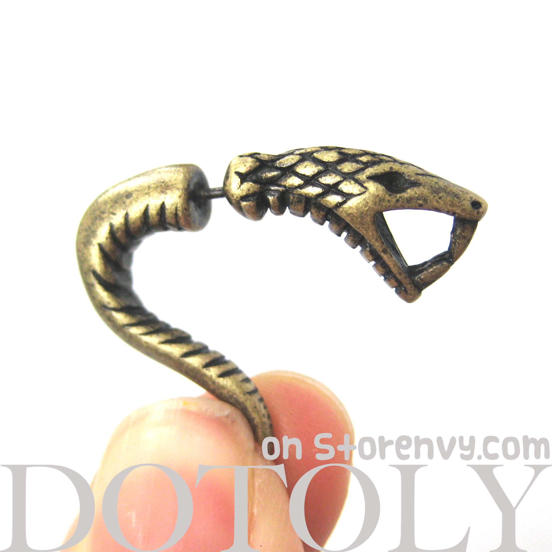 3D Fake Gauge Realistic Snake Cobra Animal Stud Earrings in Bronze