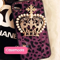 New Chic Furry Puprle Leopard Pattern Pearls Crown iPhone Case