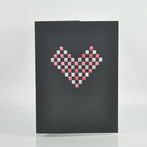 Handcrafted Metallic Red and silver plaid checkered heart shape black portrait card