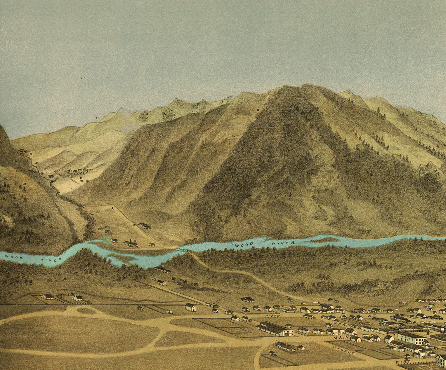 Wood River Valley with Hailey, ID in the Foreground from 1884 Bird's