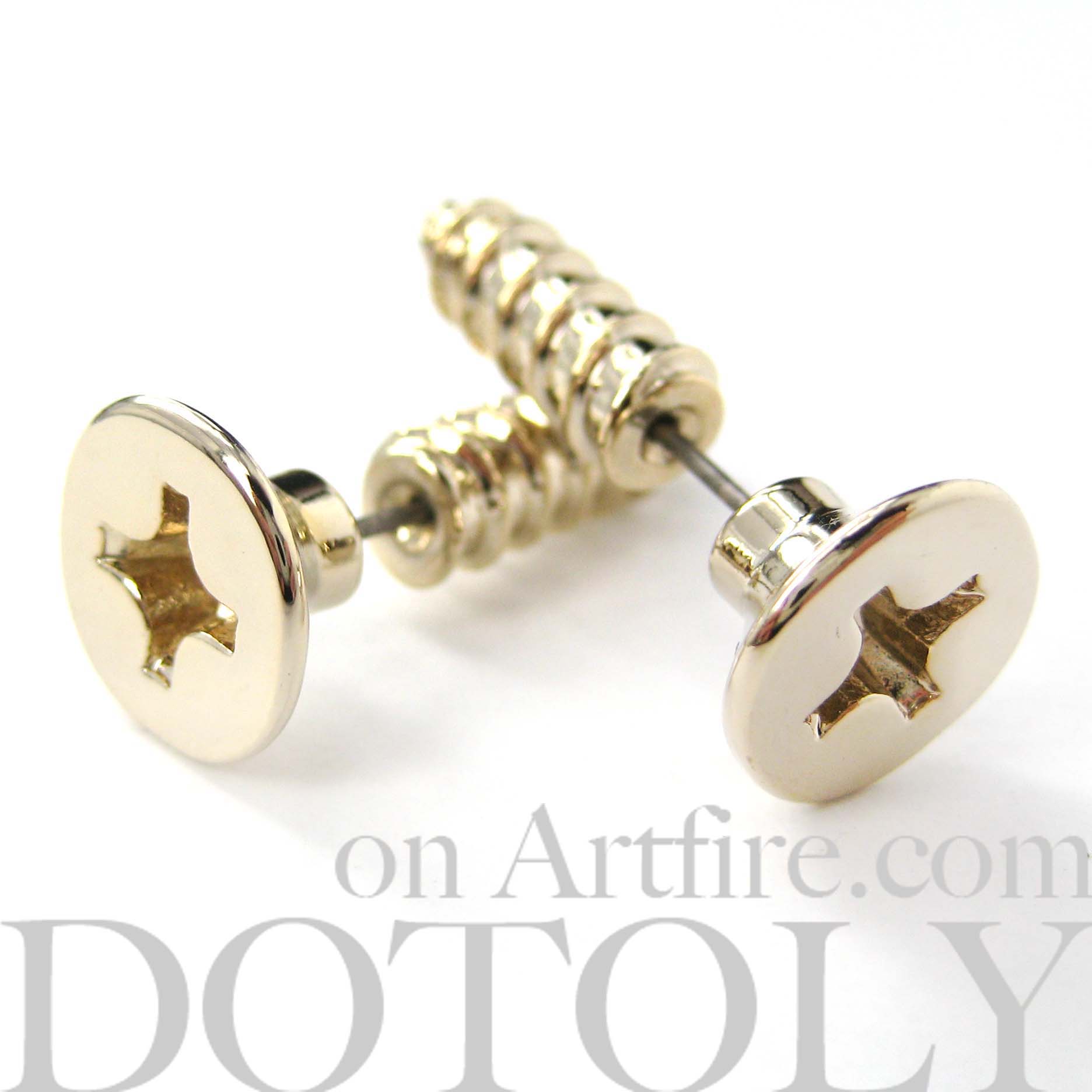 3D Fake Gauge Realistic Nuts and Bolts Screw Stud Earrings Shiny Gold