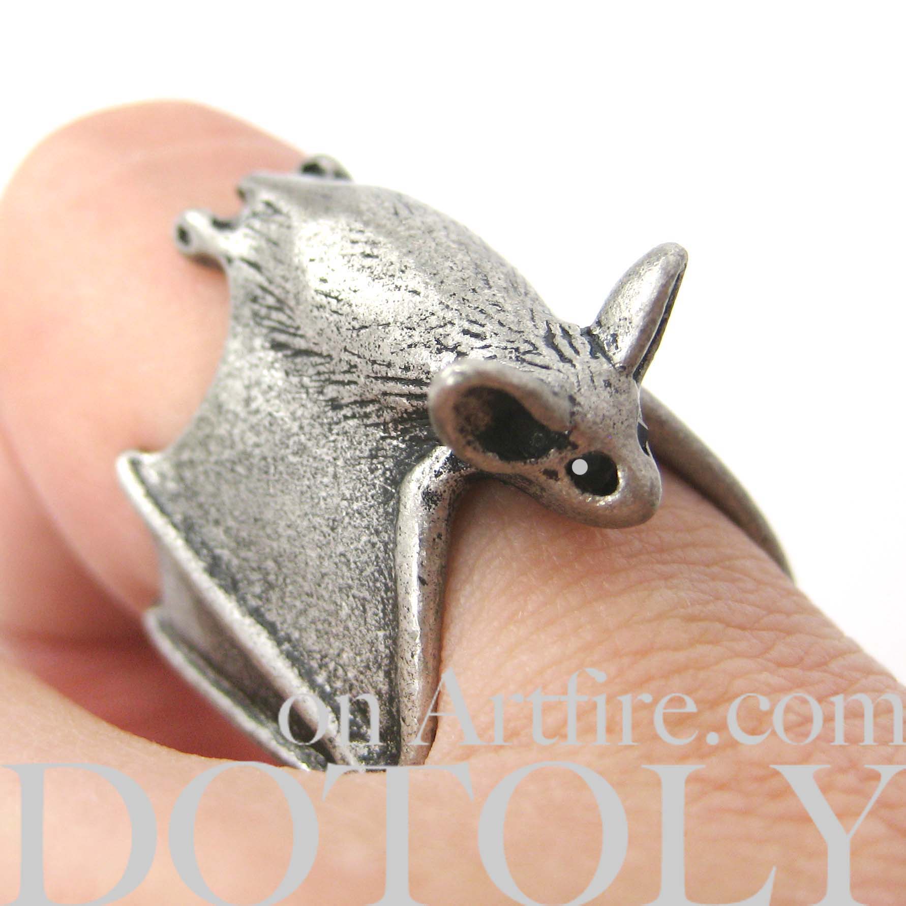 Adjustable 3D Bat Wings Wrap Around Animal Ring In Matte Silver 