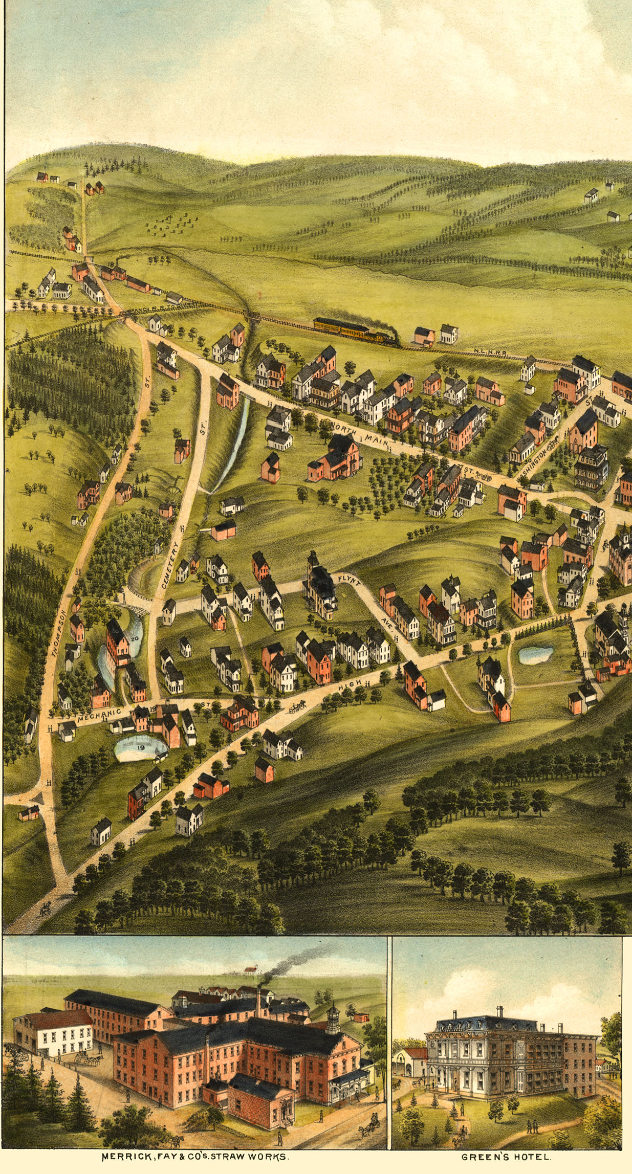 Monson, MA in 1879 Bird's Eye View, Aerial map, Panorama, Vintage map