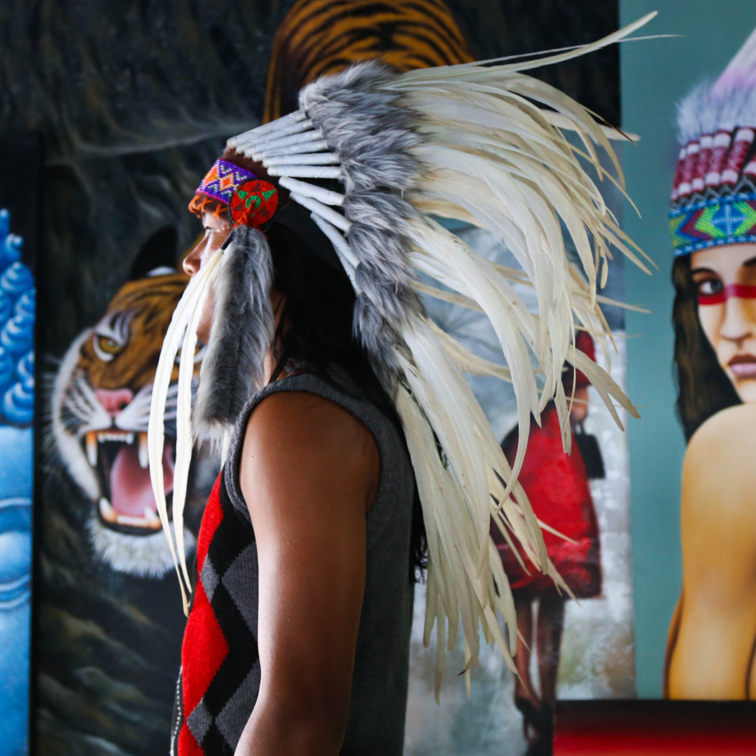 Real Feather White Chief Indian Headdress 75cm, Native
