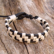 Black Leather Bracelet with White Hemp 