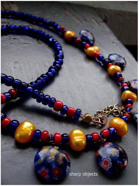 Water & Blossoms - freshwater pearl & cobalt millifiore floral glass necklace