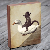 Monkey in Cowboy Hat Riding a Duck - Wood Block Art Print