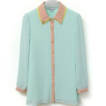 Green Color block chiffon blouse