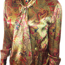 Women's Gold Silk Blouse with Pussy Bow Tie 