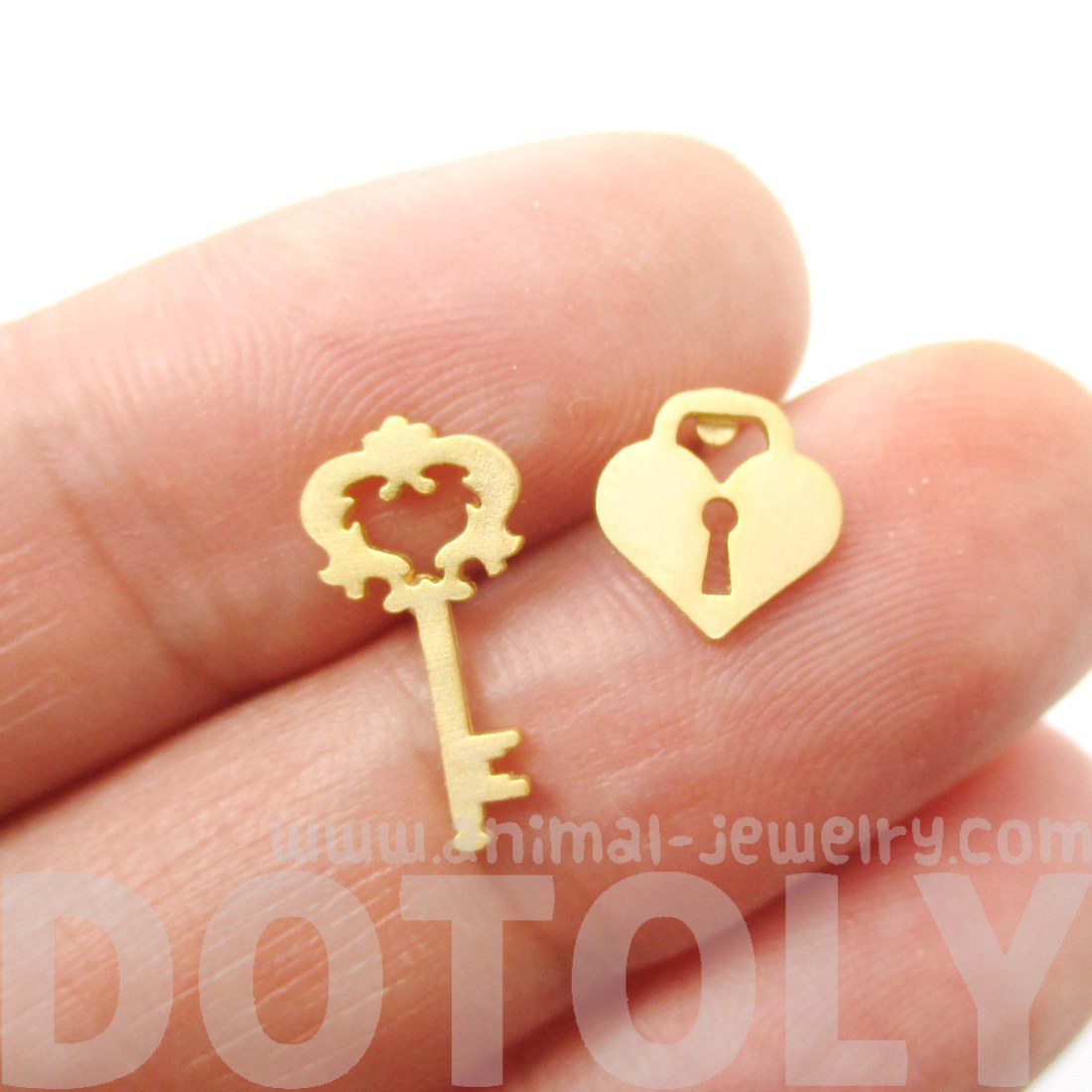 Heart Shaped Lock and Skeleton Key Shaped Allergy Free Stud Earrings in