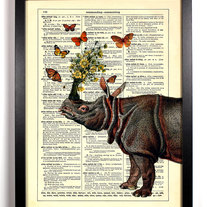 Image of Rhino Holding Flowers With Butterflies, Vintage Dictionary Print, 8 x 10