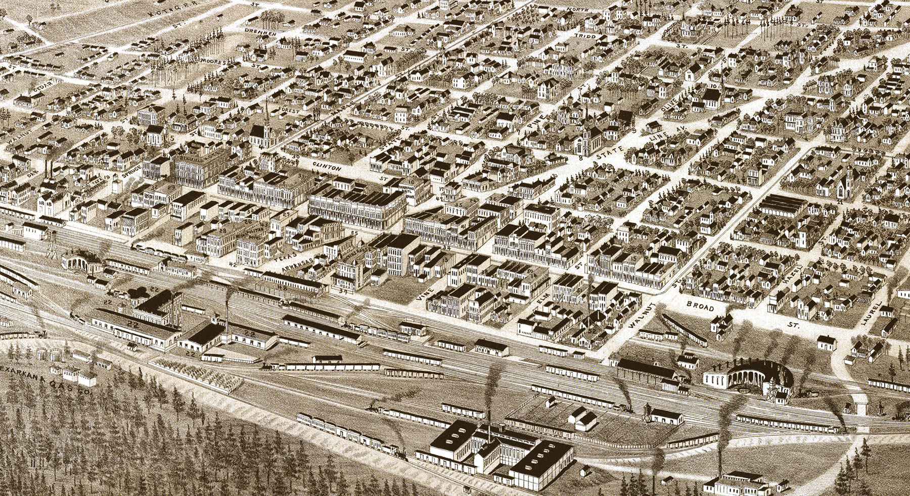 Texarkana, Arkansas and Texas in 1888 Bird's Eye View, Aerial Panorama, Vintage, Antique Map