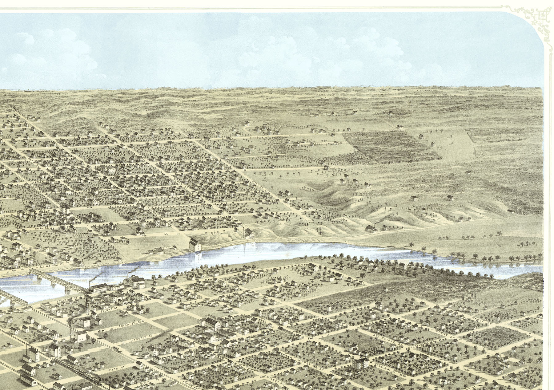 Des Moines, Iowa in 1868 Bird's Eye View Map, Aerial map, Panorama