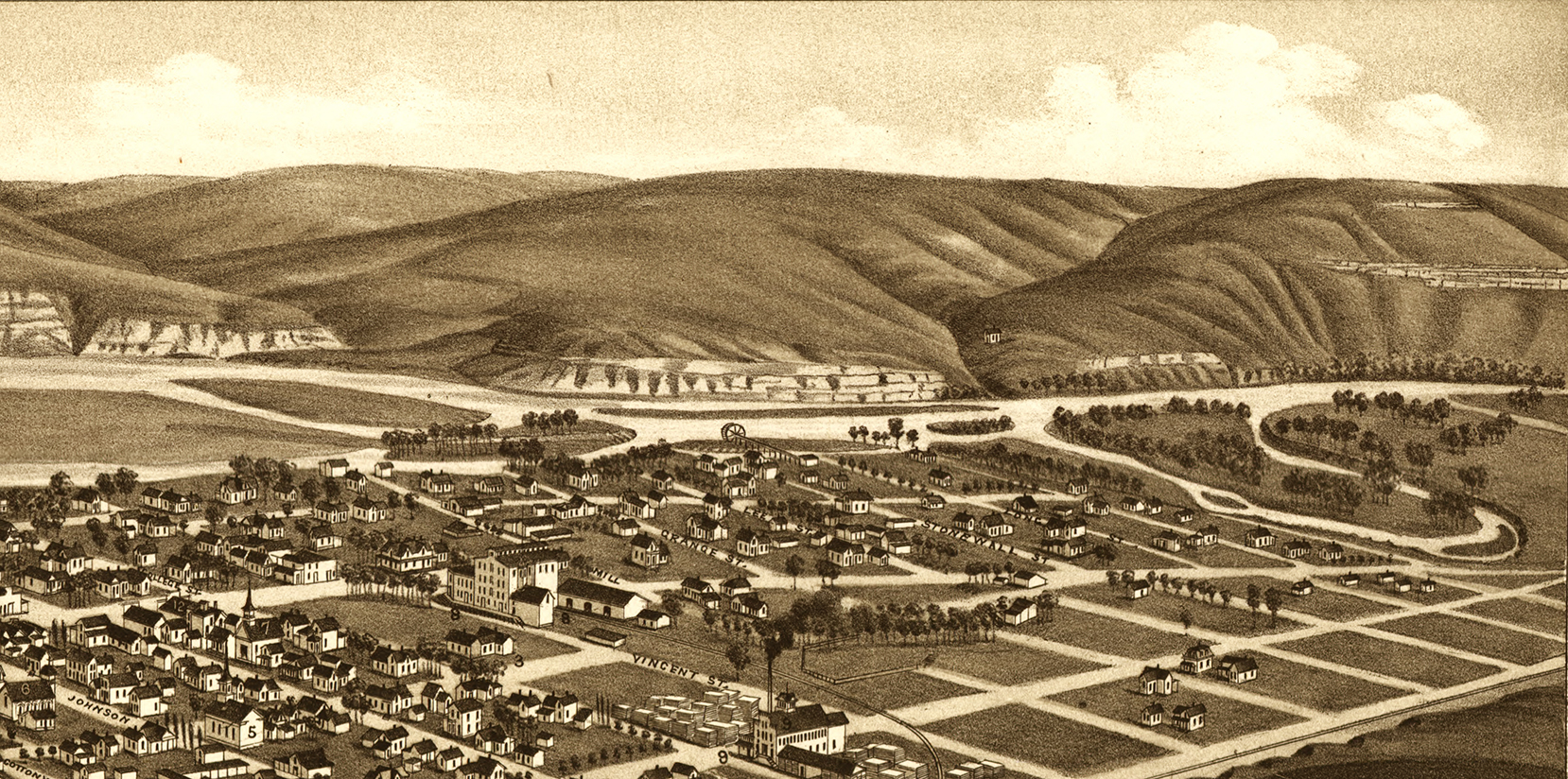 Pendleton, Oregon in 1884 Bird's Eye View Map, Aerial Map, Panorama