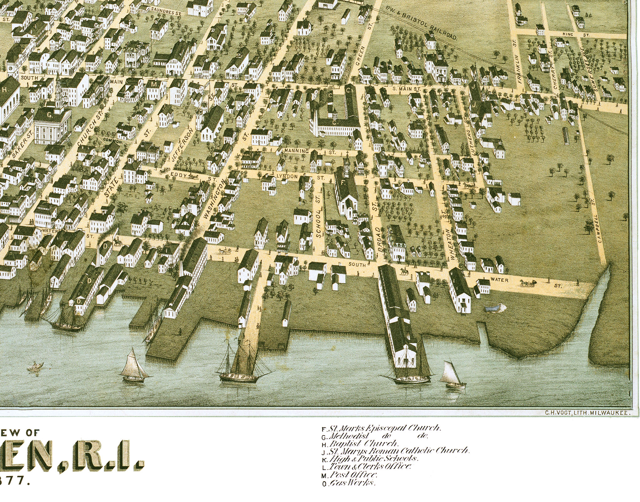 Warren, Rhode Island in 1877 Bird's Eye View, Map, Aerial, Panorama